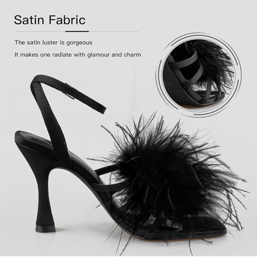 Size 9.5 Fluffy Feather Square Open Toe Ankle Strap Sexy Heel - Picture 3 of 8